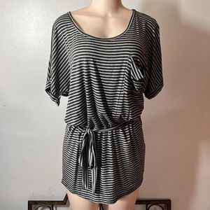 Lani Tunic- Dark & Light Gray Stripes, Waist Tie